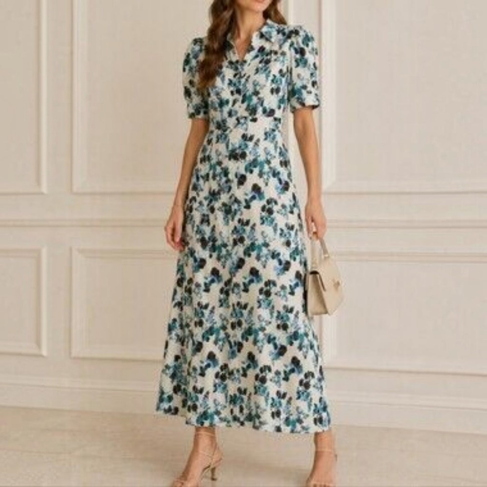 Tuckernuck Hadley Dress Small S Linen Floral Maxi Midi Budding Bluebell Button - Picture 2 of 16